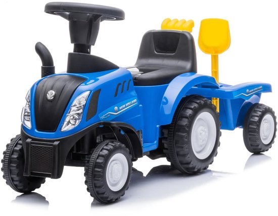 New Holland Loopauto Tractor 1 tot 3 jaar – Officieel Gelicentieerde Speelgoed Tractor met Aanhanger, Koplampen & Toeter – Buitenspeelgoed Peuter met Hark, Schep & Opbergbox – Blauw
