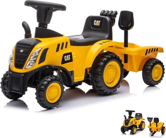 CAT Loopauto Tractor 1 tot 3 jaar – Officieel Gelicentieerde Speelgoed Tractor met Aanhanger, Koplampen & Toeter – Buitenspeelgoed Peuter met Hark, Schep & Cadeaubox – Geel